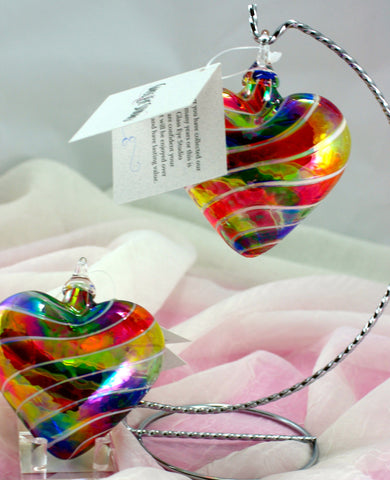 Glass Eye Studio Rainbow and White Cane Designer Heart Ornament