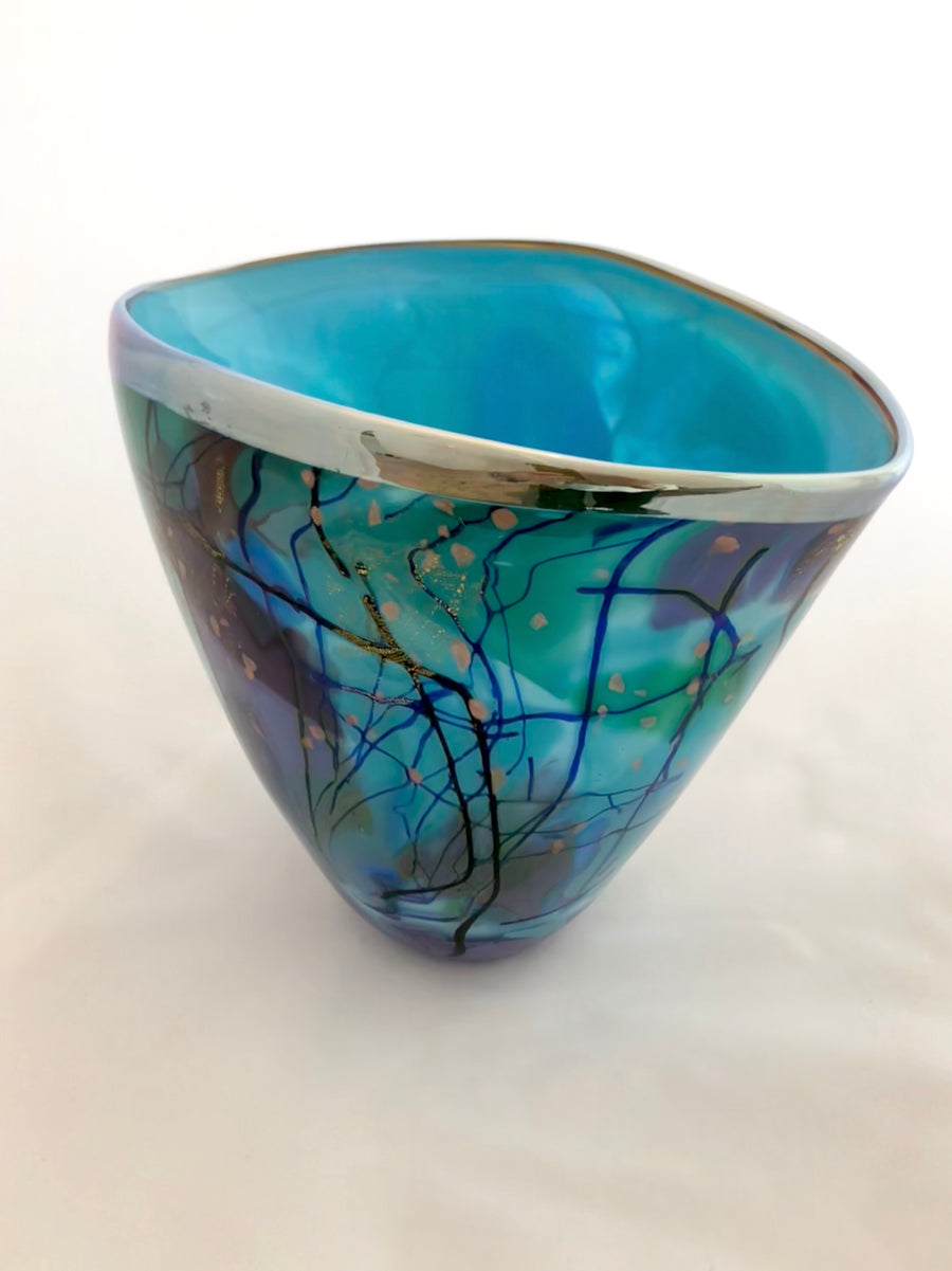 Lazer Art Glass Turquoise Splash Vase LMB Art Glass